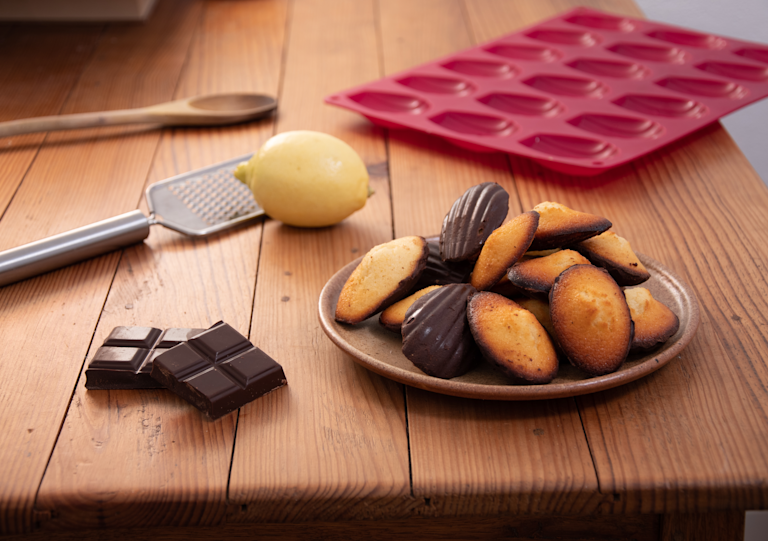 Molten‑center chocolate madeleines with mascarpone & chocolate shell