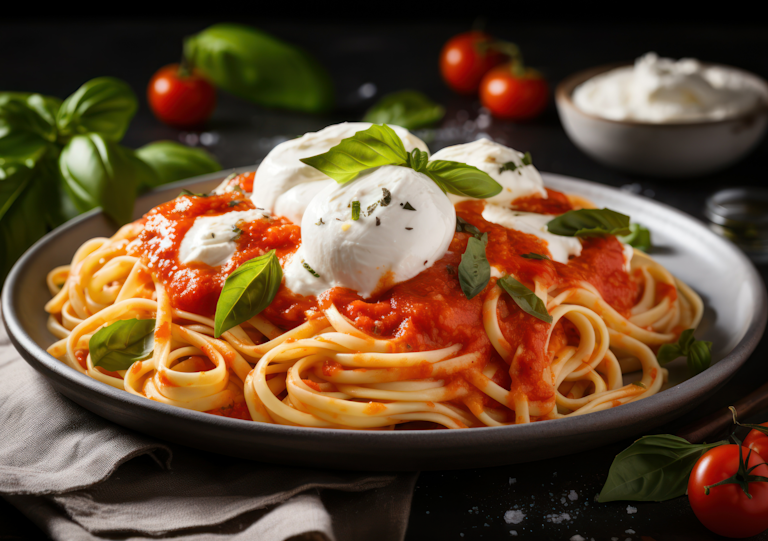 Spaghetti bolognese served inside a burrata — a rich, eye‑catching italian classic