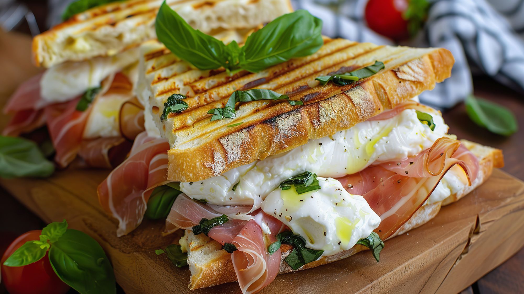 Burrata and beef carpaccio sandwich