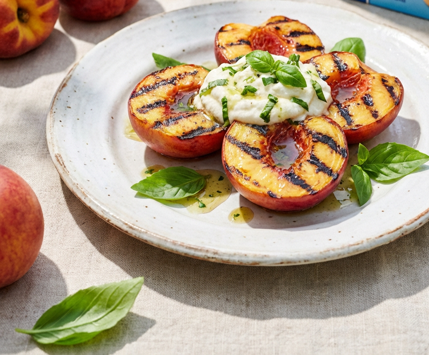 Charred nectarine with basil ricotta cloud