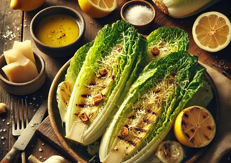 Grilled romaine salad with garlic, lemon and parmesan