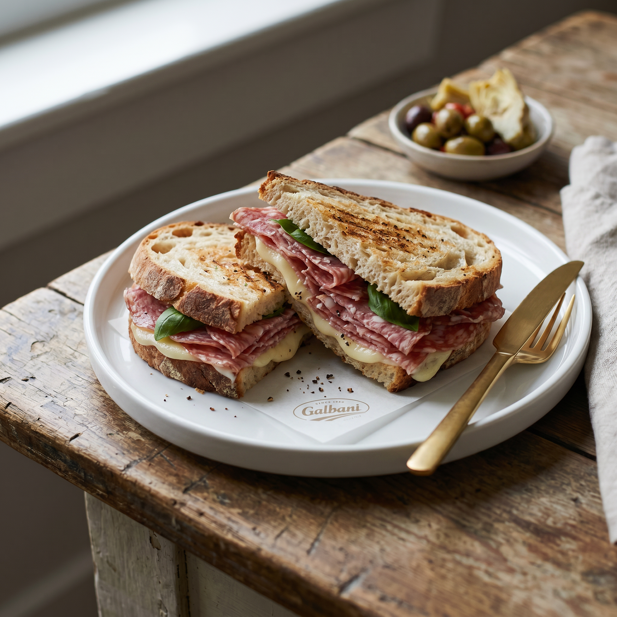 Salame and cheese sandwich