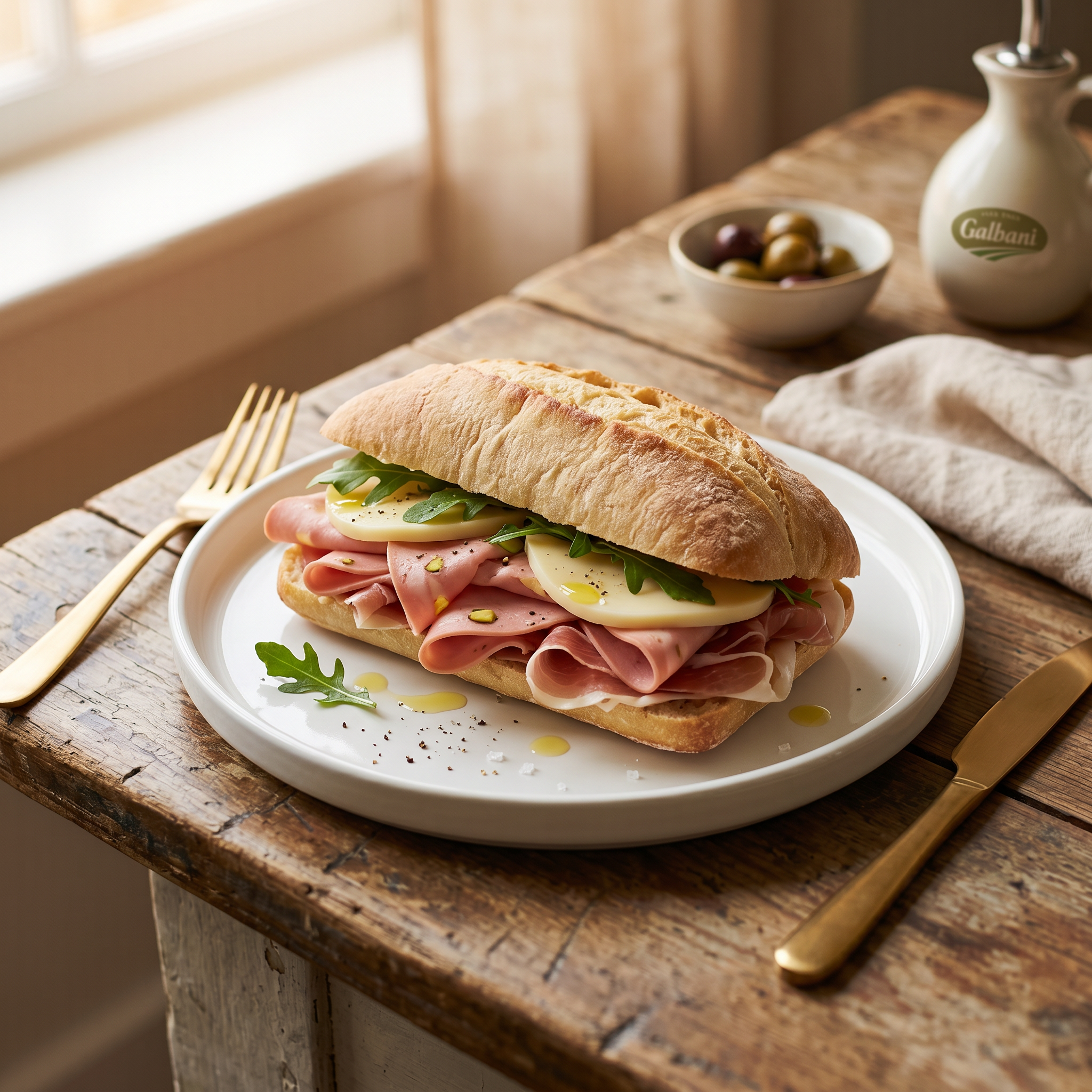Mortadella, prosciutto and cheese sandwich