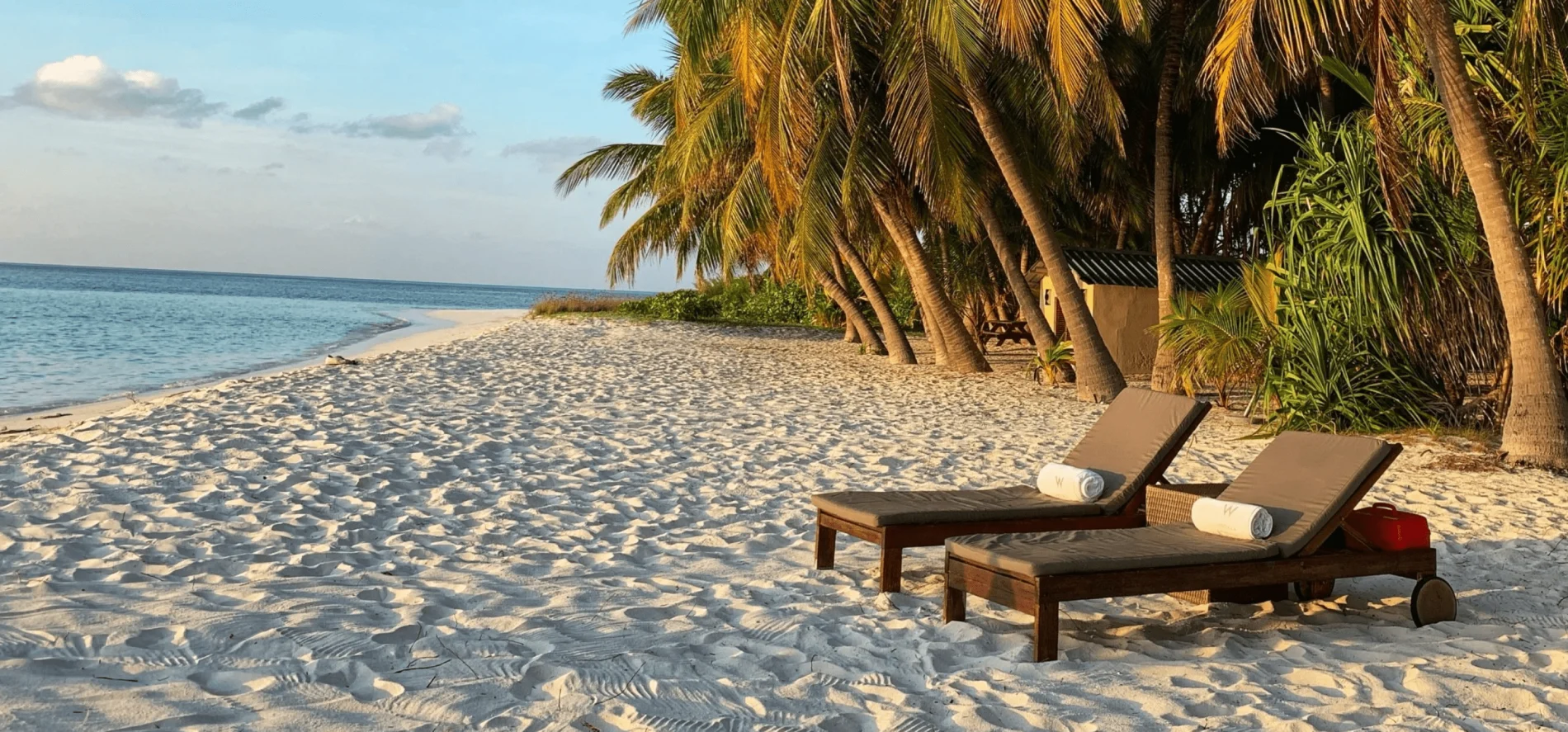 Image of lounge chairs on a tropical beach near sunset