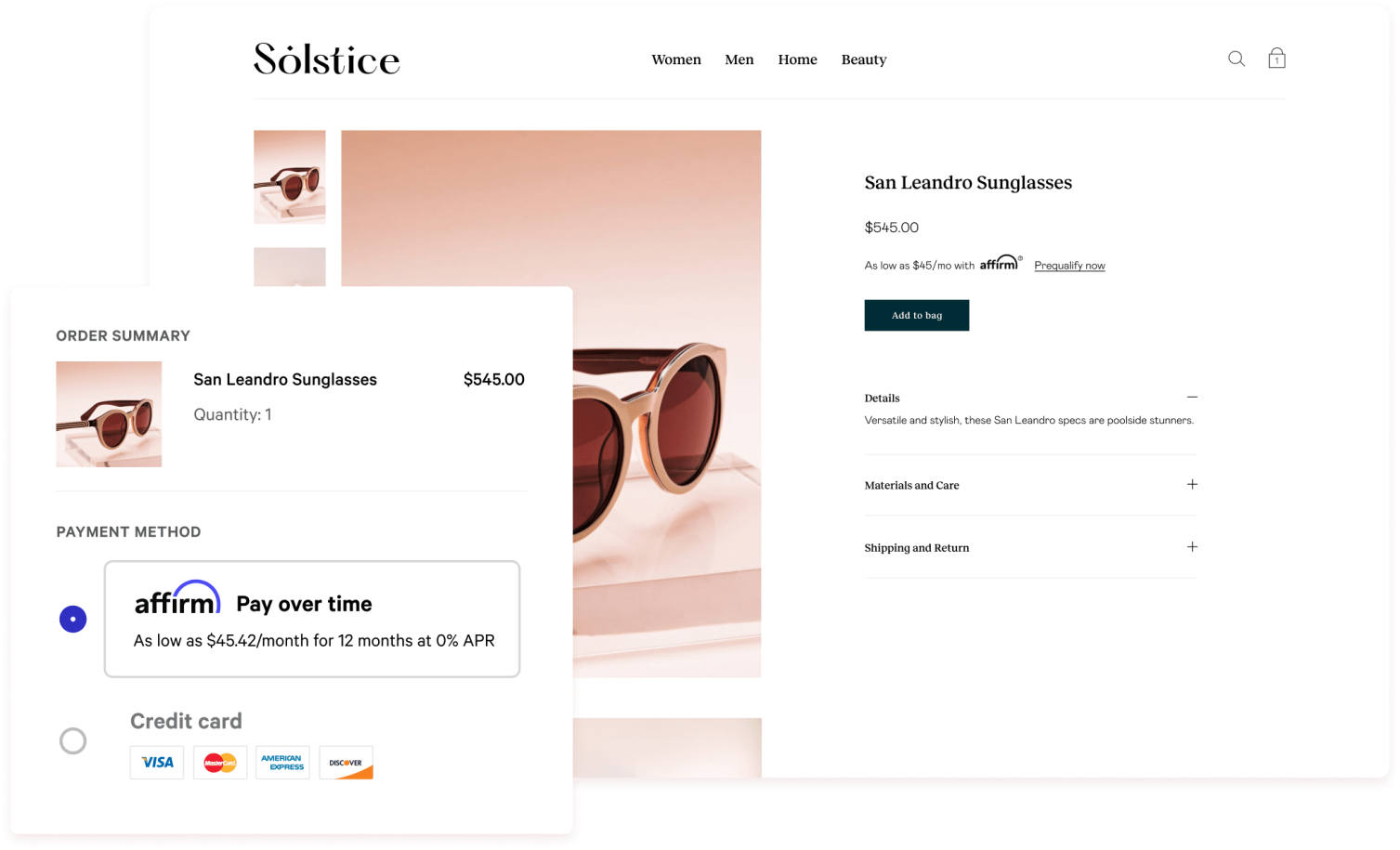 sunglasses product page with Affirm checkout