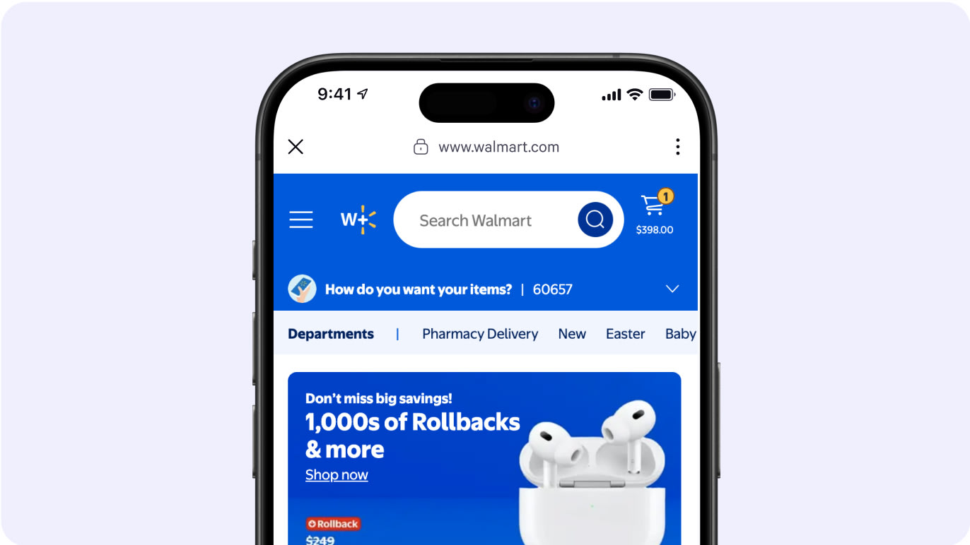 Black smartphone with rounded light purple background displaying Walmart.com website interface with blue header, search bar, and promotional banner for rollbacks and deals
