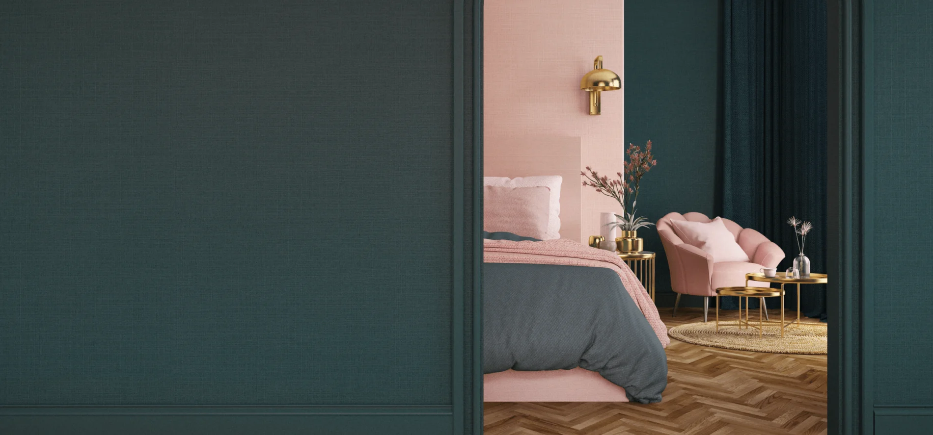 Image of an elegant bedroom with a dark green wall in the foreground