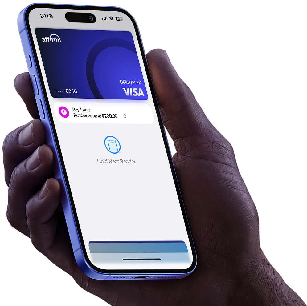 Hand holding iPhone showing Affirm Apple Pay payment interface with Pay Later option for flexible payment plans at millions of places, ready to tap near card reader