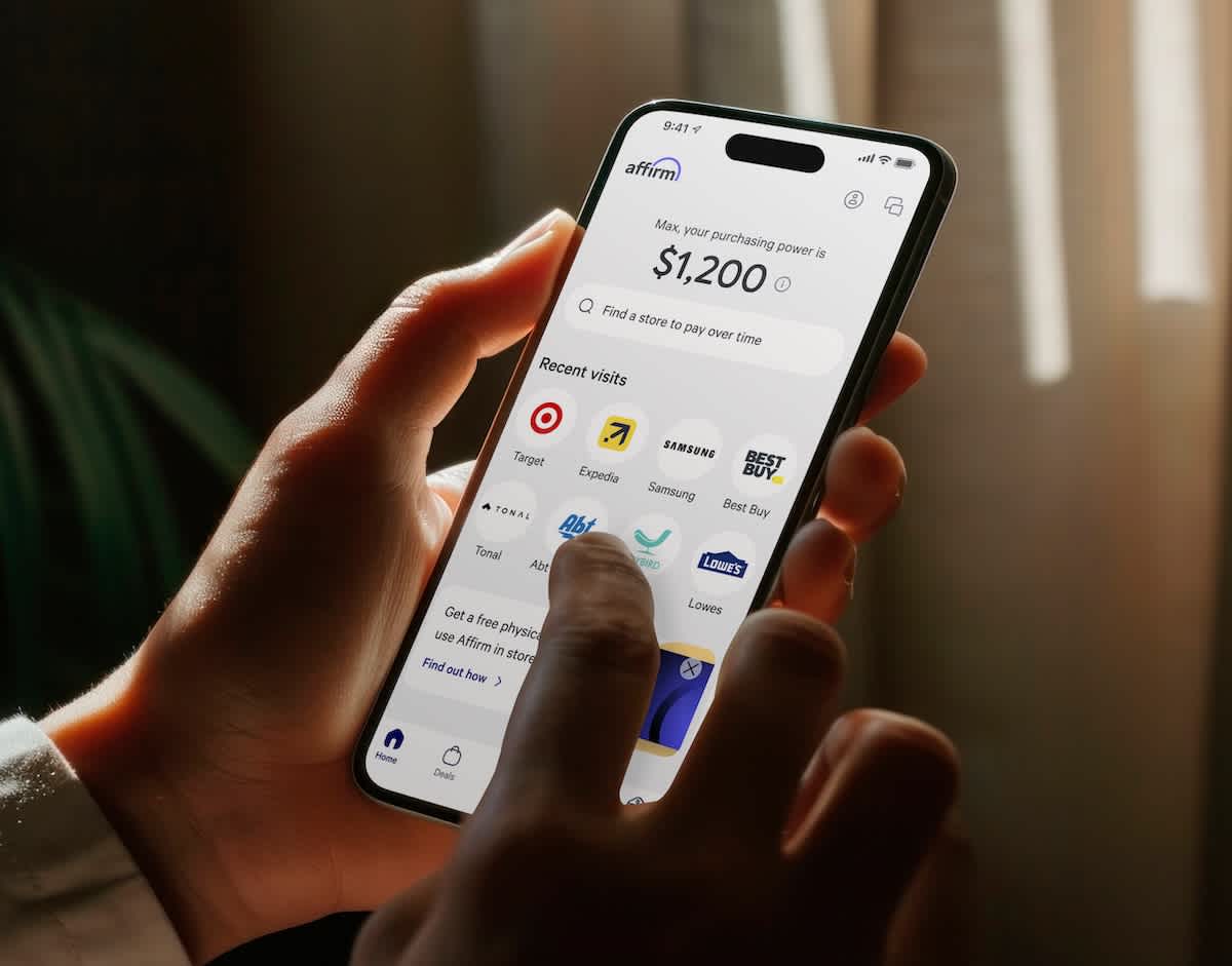 Split-screen image showing a hand holding a smartphone with the Affirm app displaying a $1,200 purchase power and popular merchant logos, alongside text explaining Affirm's transparent business model that earns from merchant commissions and selective interest rather than late fees.