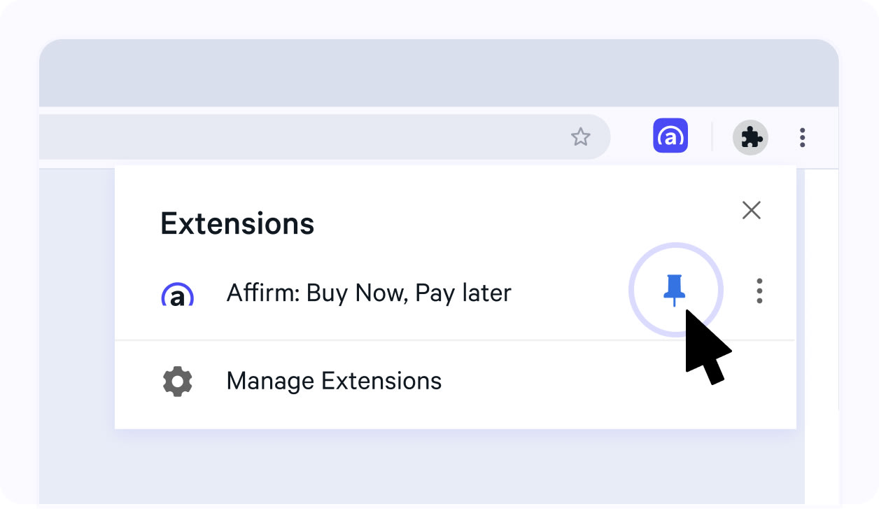 Chrome browser extensions menu showing how to pin the Affirm Buy Now, Pay Later extension by clicking the puzzle piece icon
