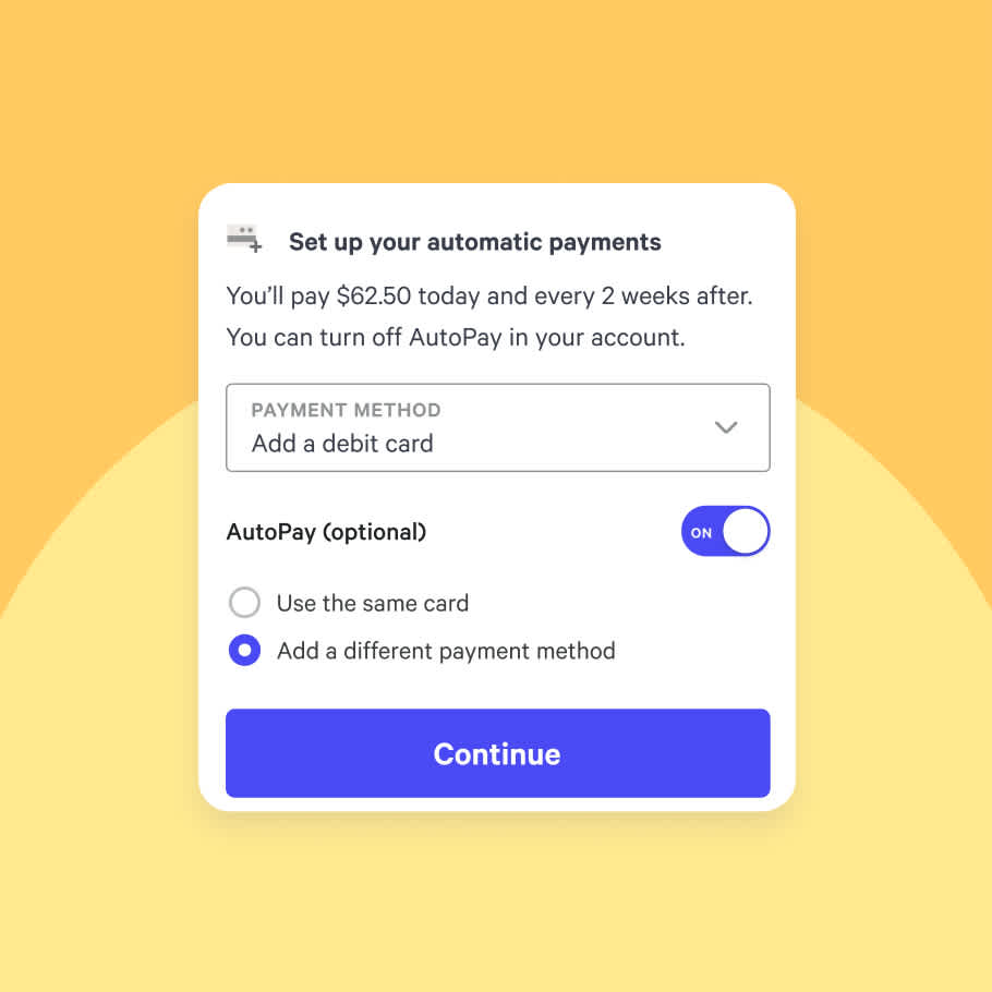 Screenshot of Affirm UI to set-up your automatic payments