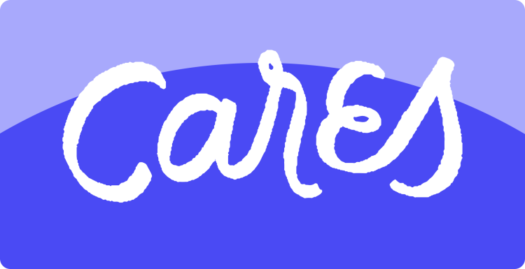 Illustration of the word Cares against a light purple background