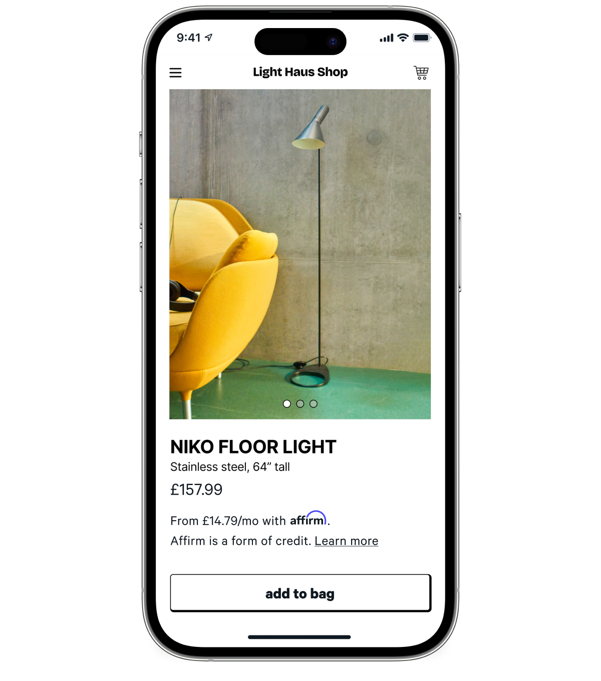 Niko floor light displayed on the Affirm app, featuring an "Add to Bag" button and visible price information.