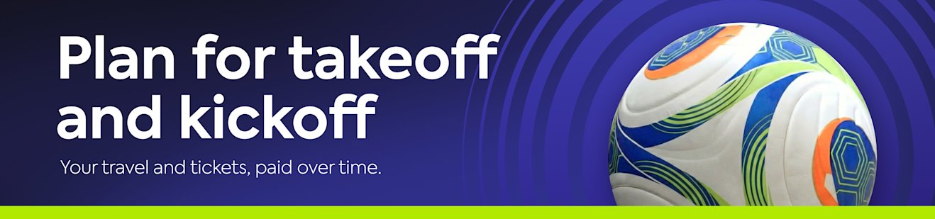 Plan for takeoff and kickoff. Your travel and tickets, paid over time. Promotional banner featuring a soccer ball against a dark blue background with concentric circular patterns and a lime green accent bar.