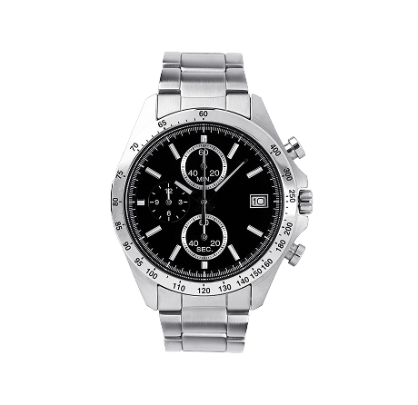 Silver chronograph watch with black dial
