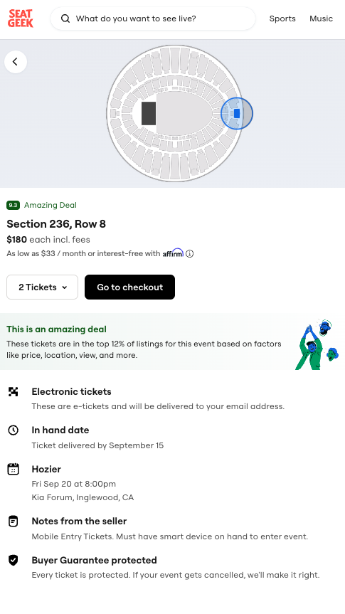 Screenshot of a concert ticketing page displaying available seats and pricing options for the upcoming event in the SeatGeek app.