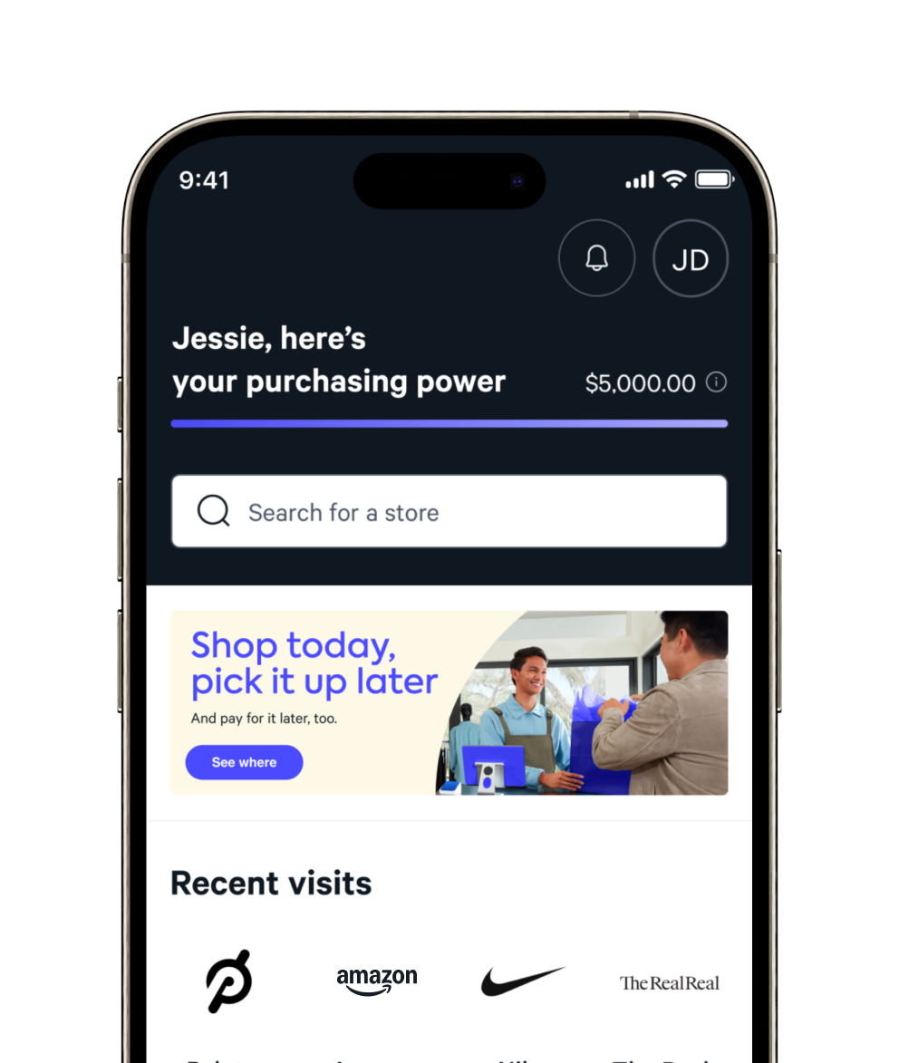 A smartphone screen displaying the Affirm app dashboard. The interface shows available purchasing power, a search bar for stores, a promotional banner about shopping and paying later, and a list of recently visited stores, including Amazon, Nike, and Best Buy.