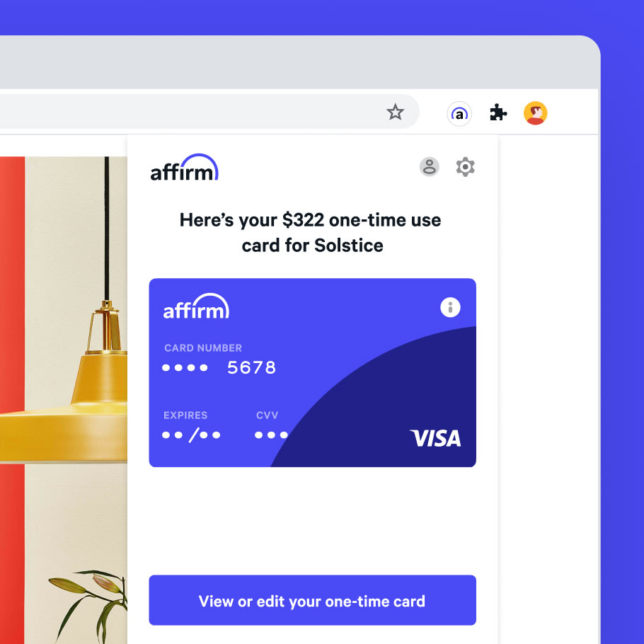 Shop with a virtual card on the Affirm browser extension