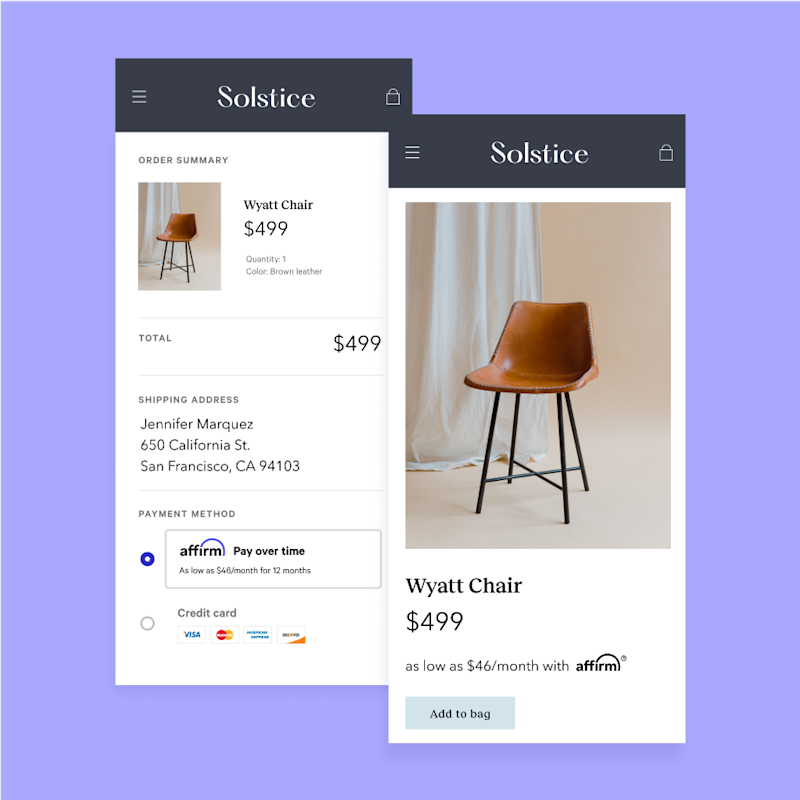 payment option at checkout with affirm- purple background