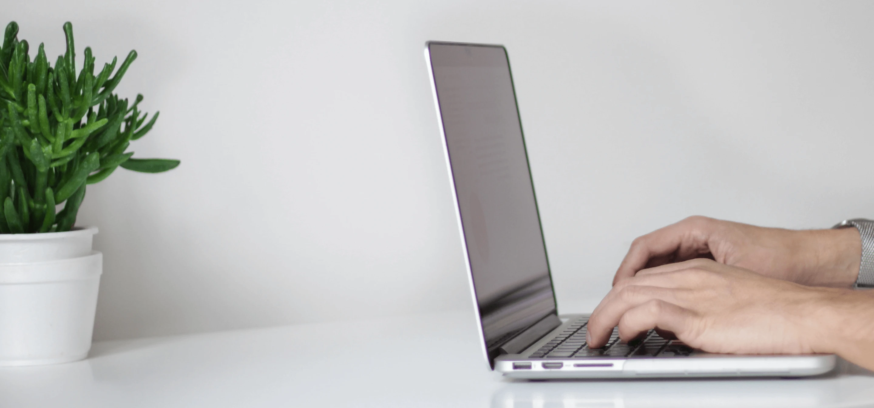 Image of a laptop with person's hands typing with a green plant in the background