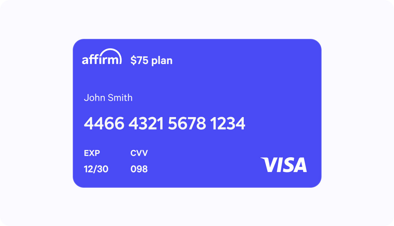 Affirm virtual card interface showing card details for completing online purchase with Buy Now, Pay Later financing