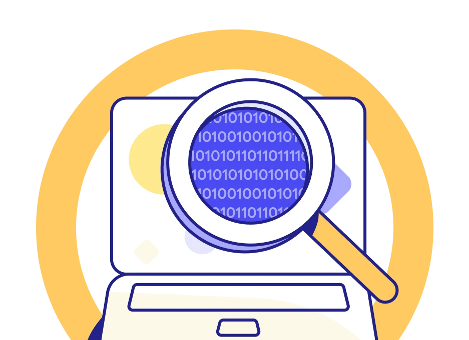 Laptop computer with magnifying glass exposing binary sequence 