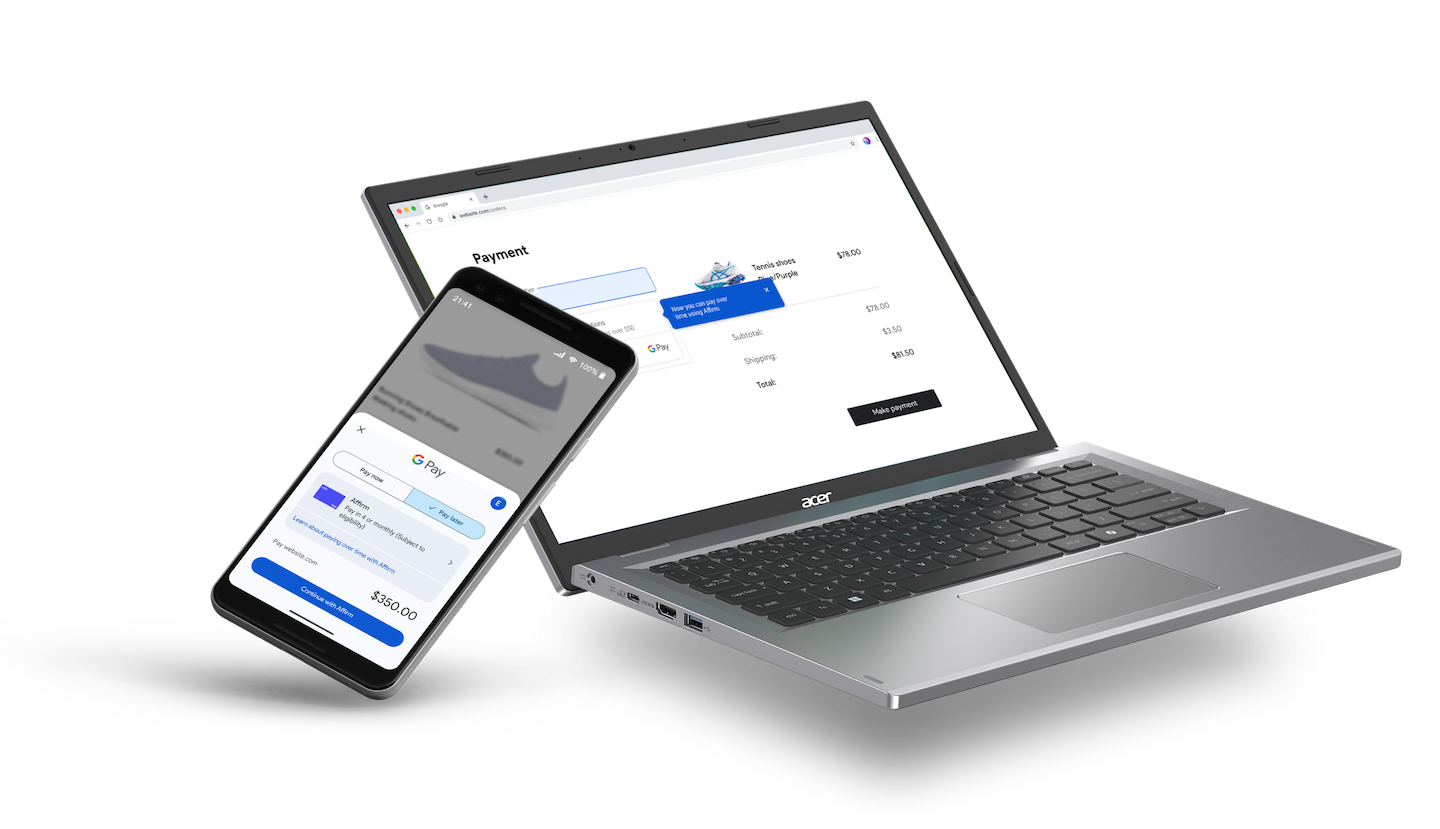 Laptop and smartphone displaying Affirm payment options through Google Pay, showing seamless checkout experience across desktop and mobile devices