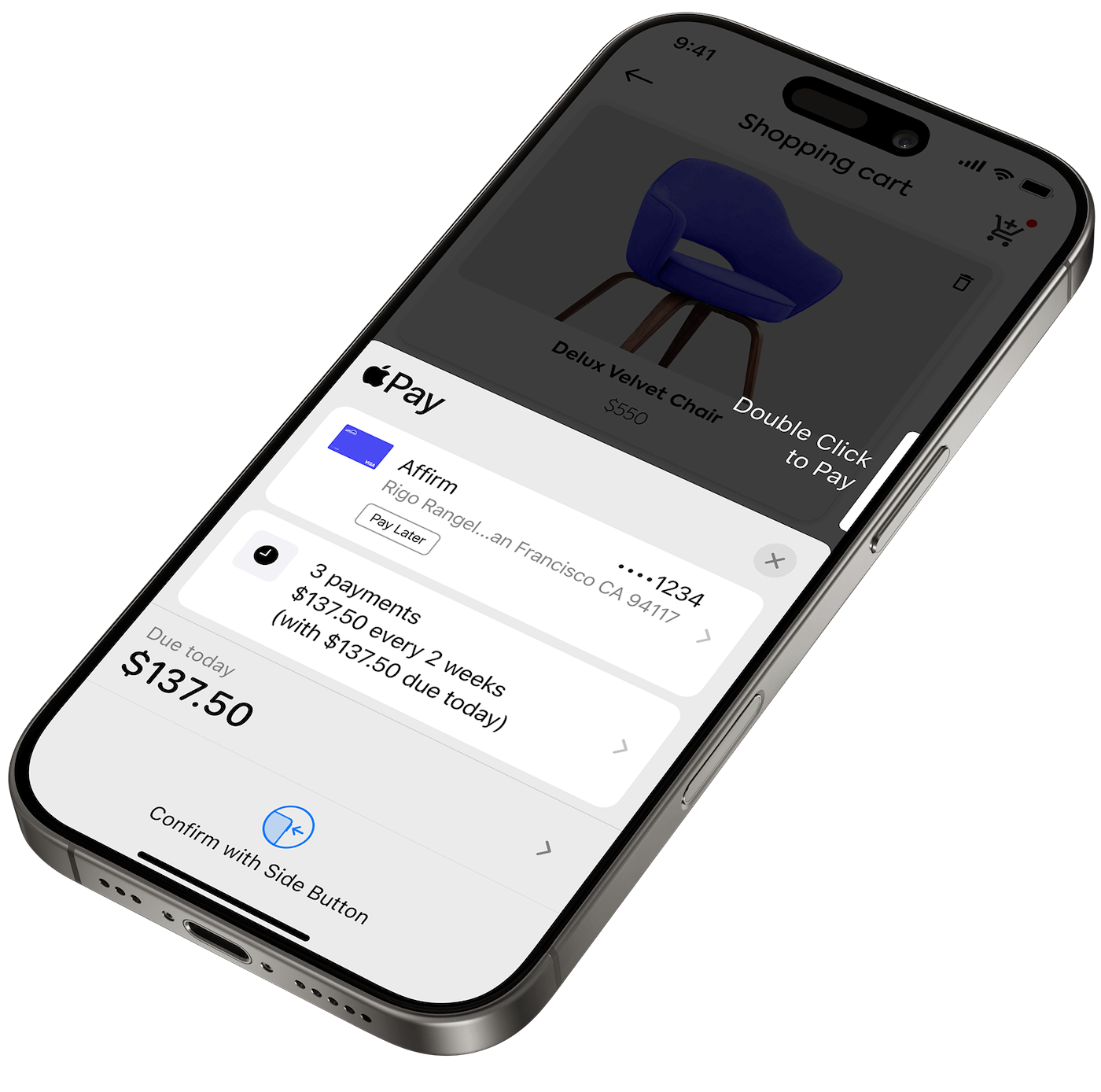 A smartphone screen displaying an Apple Pay checkout interface with Affirm as the selected payment method. The screen shows an option to pay in three monthly installments of $229.96, with a prompt to confirm the payment using the side button.