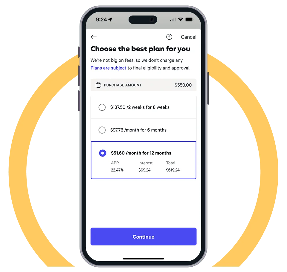 Phone with Affirm App showing plan options