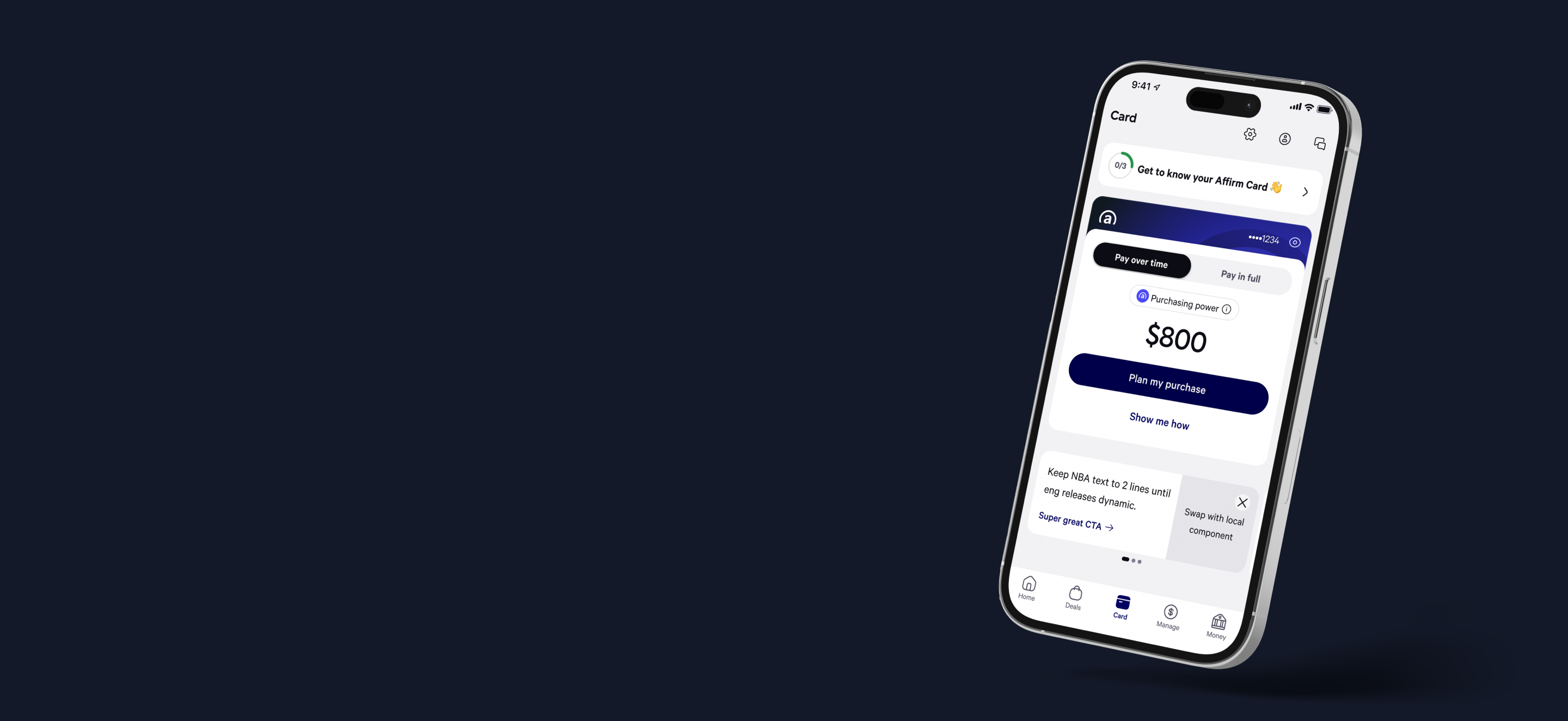 Affirm Card mobile app displaying $800 purchasing power with card number, pay over time toggle, and plan my purchase button on the Card tab screen
