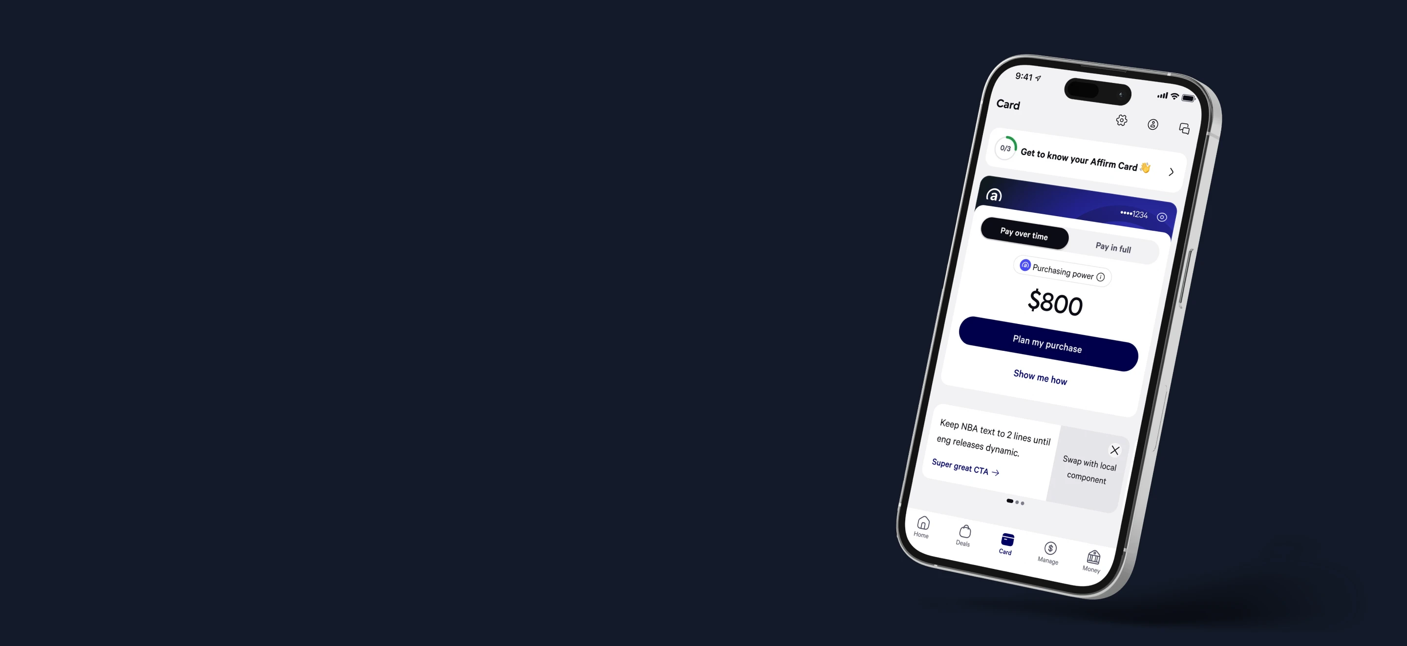 Affirm Card mobile app displaying $800 purchasing power with card number, pay over time toggle, and plan my purchase button on the Card tab screen
