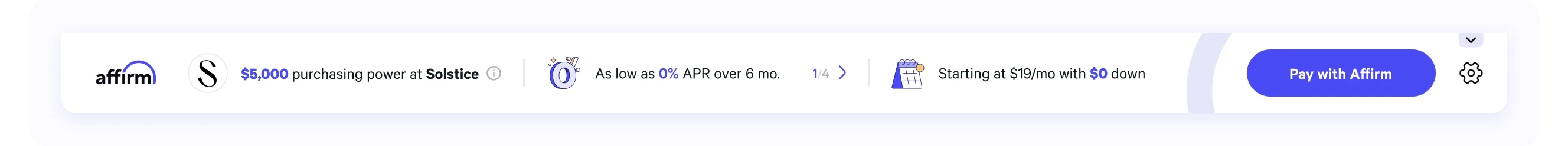 Affirm browser extension showing $5,000 purchasing power at Solstice, 0% APR over 6 months, $19/month payment option, and Pay with Affirm button