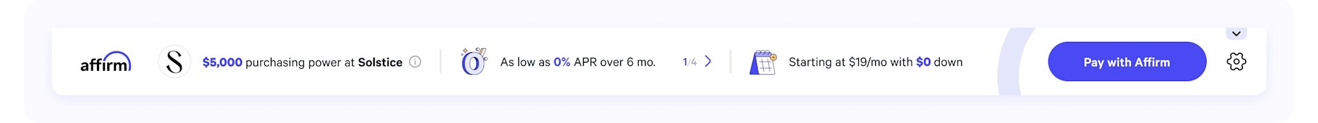 Affirm browser extension showing $5,000 purchasing power at Solstice, 0% APR over 6 months, $19/month payment option, and Pay with Affirm button