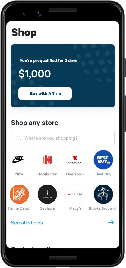 Screen shot of shopping screen in Affirm app