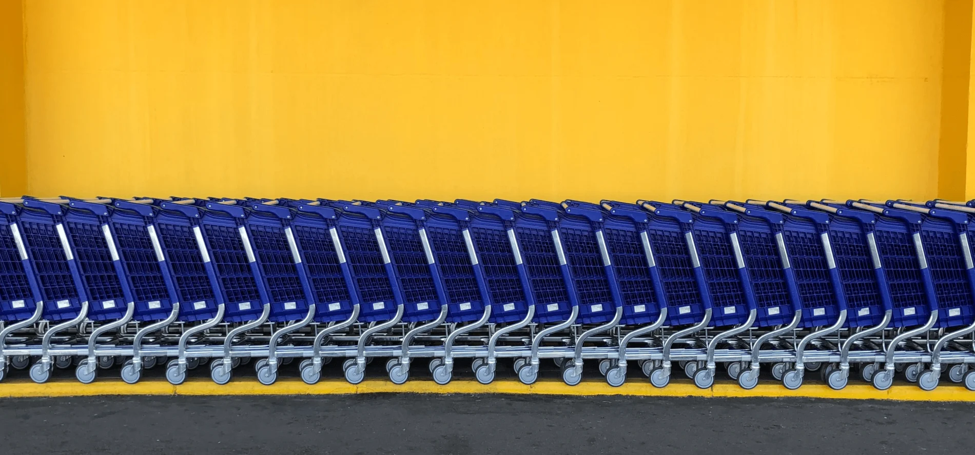 image of a long line of blue shopping carts with a yellow background