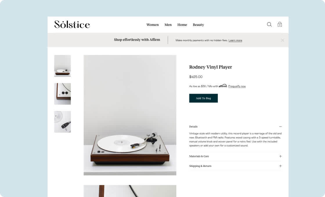 product page for vinyl player with Affirm payment option