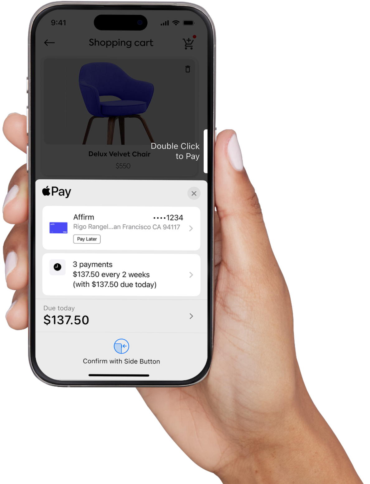 Hand holding Apple iPhone featuring Affirm as a payment option.