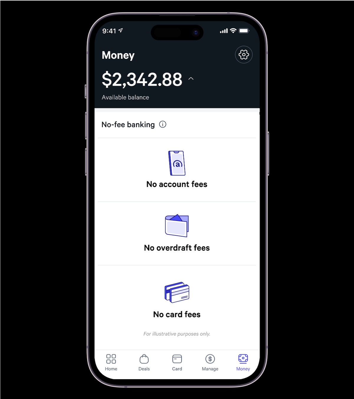 Phone showing savings account balance, and no account, overdraft, or card fees.