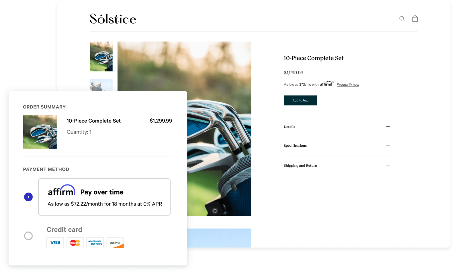 Affirm golf clubs product page