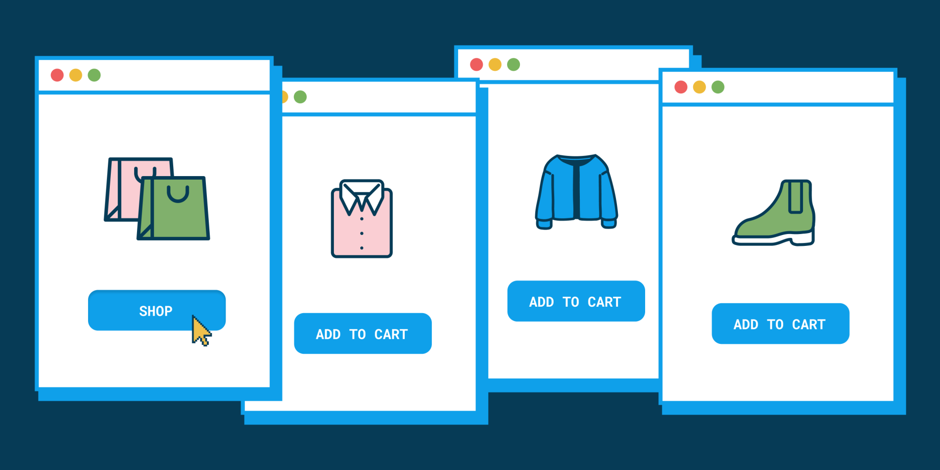 Illustrations of items with 'add to cart' buttons for online buying