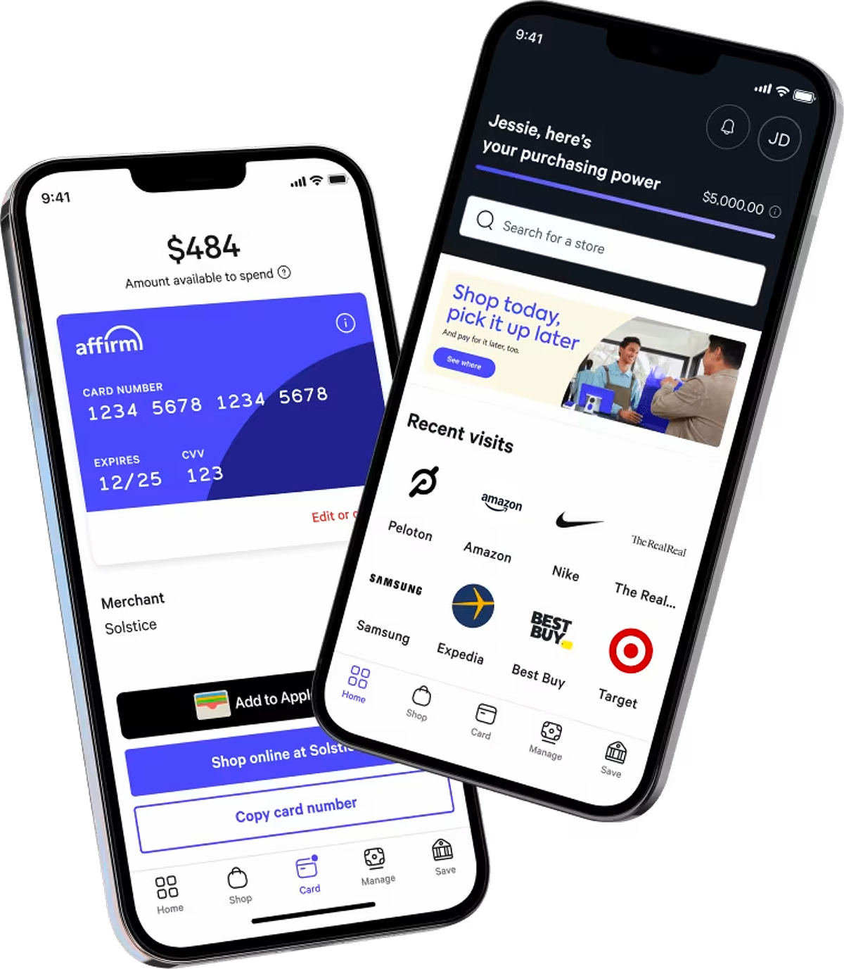 Two smartphones displaying the Affirm app. One screen shows a virtual Affirm card with available spending balance, and the other displays a shopping dashboard with recent store visits and a promotional banner. The image promotes the Affirm app for easy payments over time.