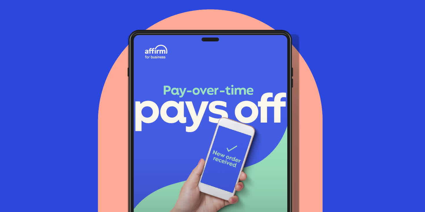 Stylized graphic with the title "pay-over-time pays off" with photo of a phone showing a checkmark, signifying a successful order