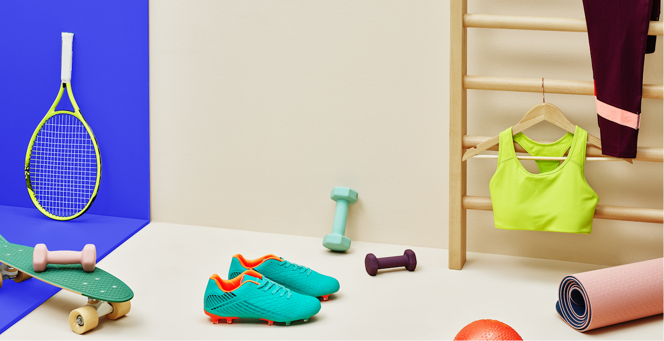 Workout and sports equipment on floor