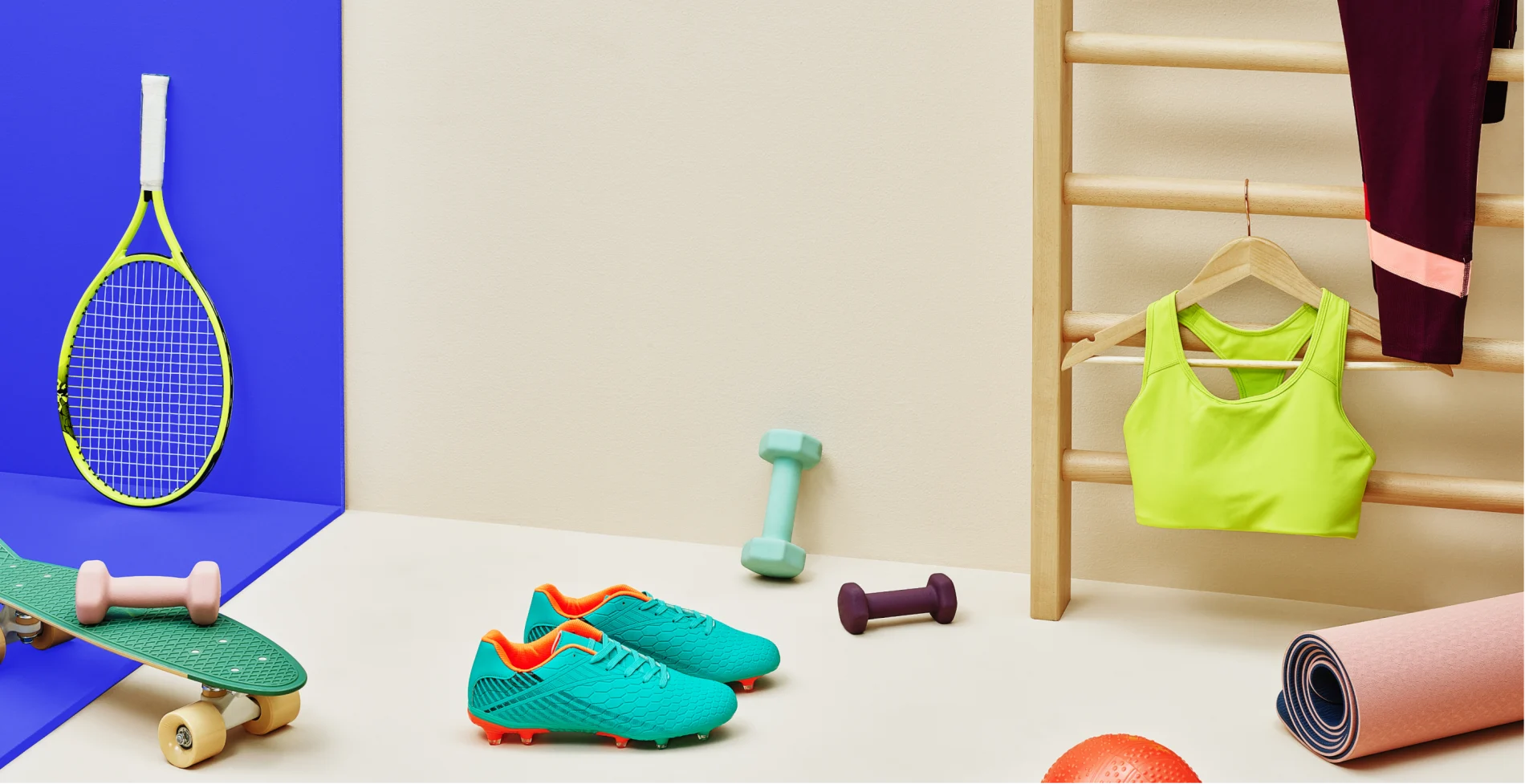 Workout and sports equipment on floor