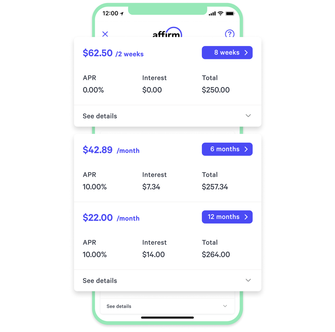 Phone showing payment options