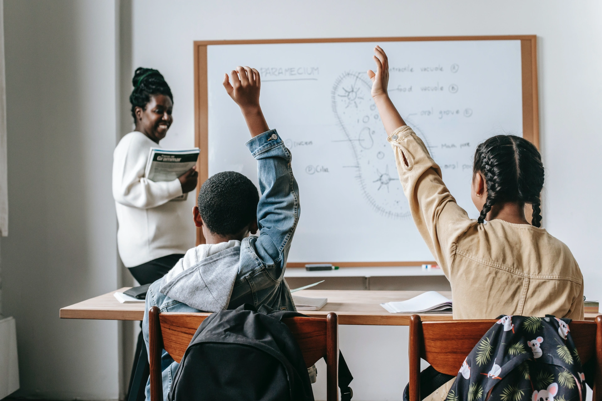 children in classroom raising hands