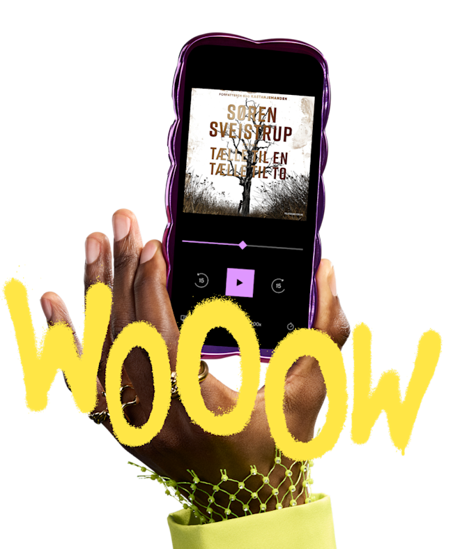 En bruger af BookBeat holder en telefon, der viser BookBeat-appen