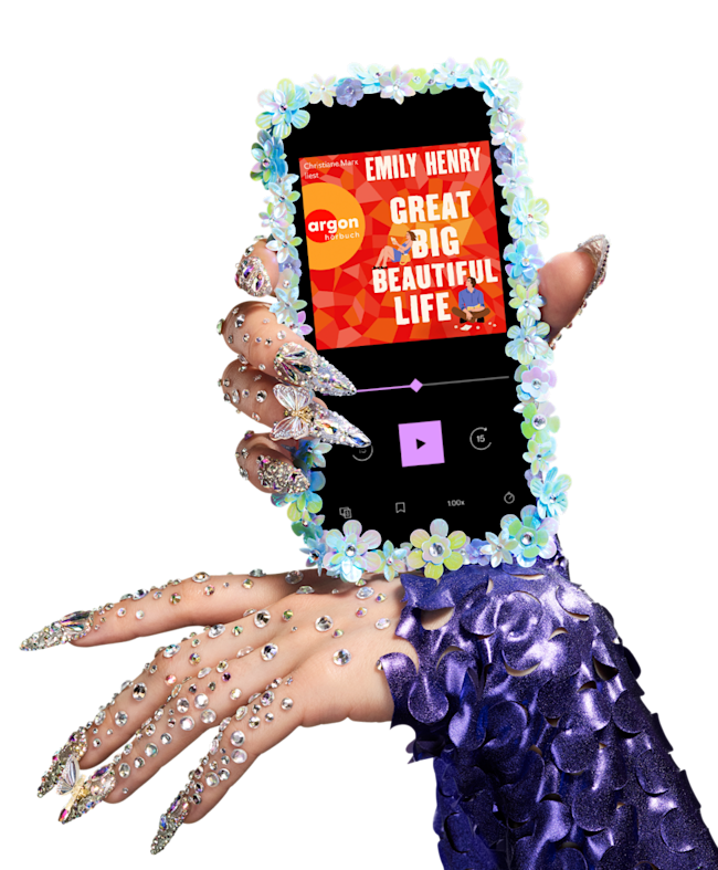Eine Hand hält ein Handy, welches die BookBeat-App zeigt.