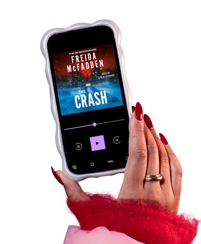 A user of BookBeat holding a phone showing the BookBeat app