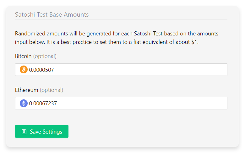 Satoshi Test Base Amounts (Configure your VASP tab)